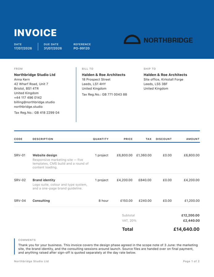 Invoice PDF, Bold template: a solid colour header band with the word Invoice in large type.