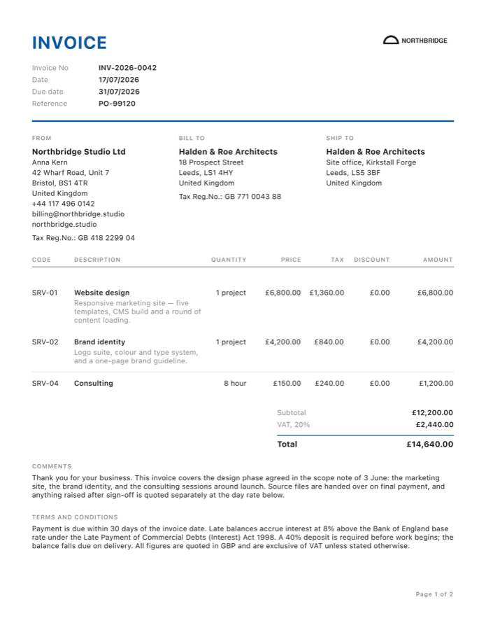 An invoice PDF made with the Clean template: sender and client details, three line items, tax and total.