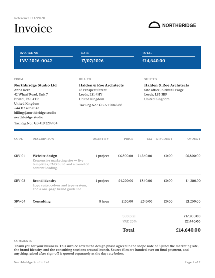 Invoice PDF, Elegant template: light rules, wide margins and quiet type.