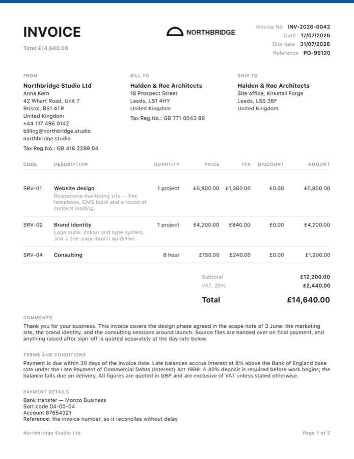 Invoice PDF, Minimal template: no rules, only spacing and small labels.